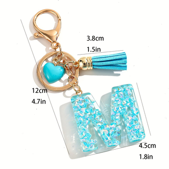 Μπρελόκ με γράμματα ρητίνης, φούντα και καμπάνες καρδιάς, μπλε γκλίτερ, γράμματα ρητίνης, γυναικεία, casual