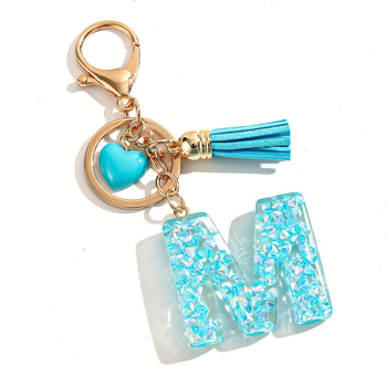 Μπρελόκ με γράμματα ρητίνης, φούντα και καμπάνες καρδιάς, μπλε γκλίτερ, γράμματα ρητίνης, γυναικεία, casual