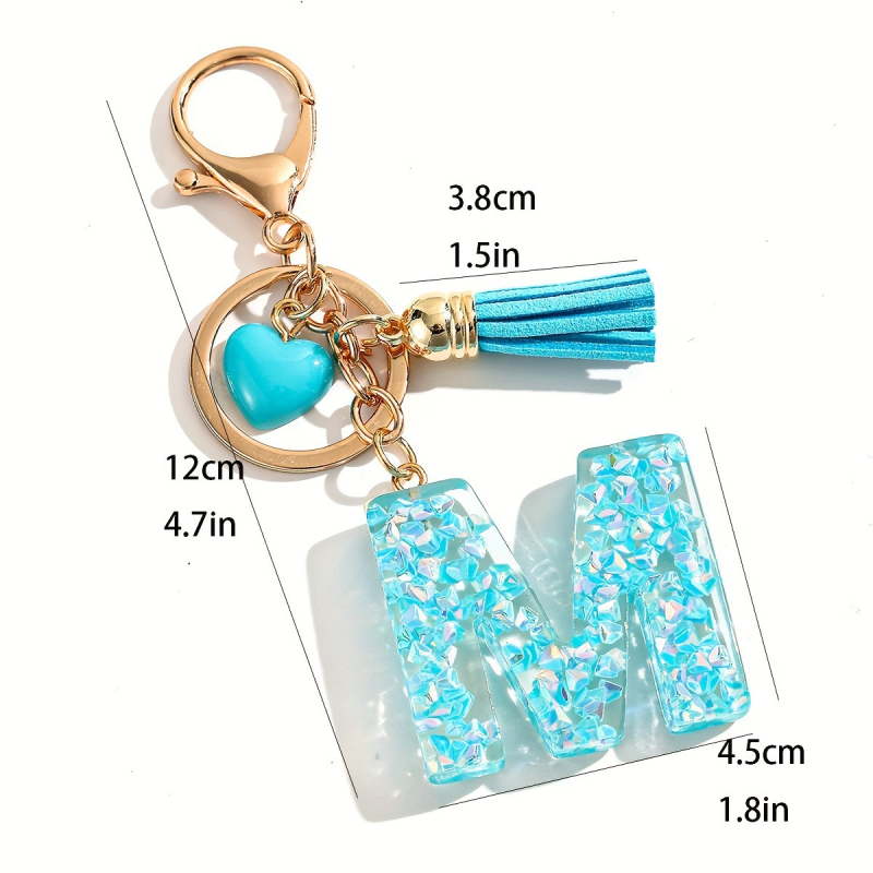 Breloc cu litere din rășină, cu ciucure și clopoței cu inimă, litere din rășină cu sclipici albastru, casual pentru femei