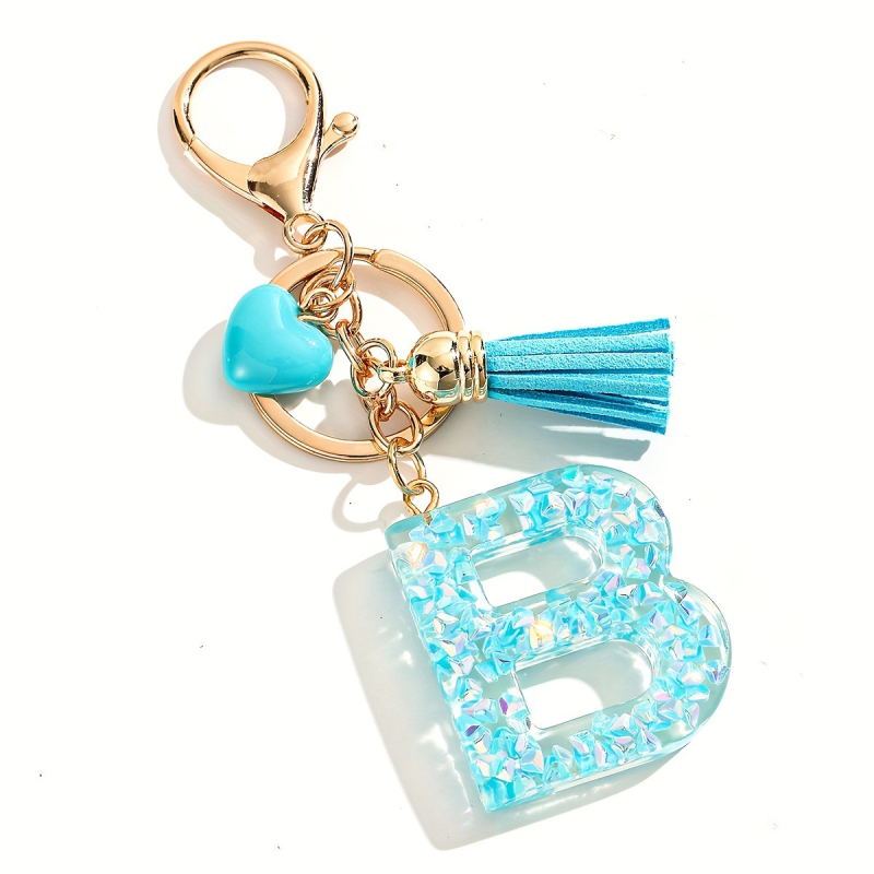 Breloc cu litere din rășină, cu ciucure și clopoței cu inimă, litere din rășină cu sclipici albastru, casual pentru femei