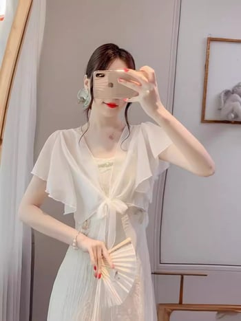 Cardigan din șifon cu mânecă bubble, cu protecție solară, pentru femei, de vară, cu mânecă scurtă, ușor, cardigan, șal mic, cu fustă slip, bluză exterioară scurtă