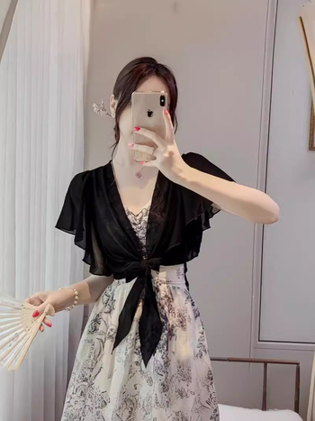 Cardigan din șifon cu mânecă bubble, cu protecție solară, pentru femei, de vară, cu mânecă scurtă, ușor, cardigan, șal mic, cu fustă slip, bluză exterioară scurtă