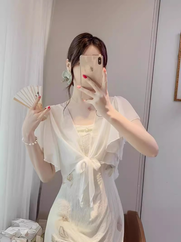 Cardigan din șifon cu mânecă bubble, cu protecție solară, pentru femei, de vară, cu mânecă scurtă, ușor, cardigan, șal mic, cu fustă slip, bluză exterioară scurtă