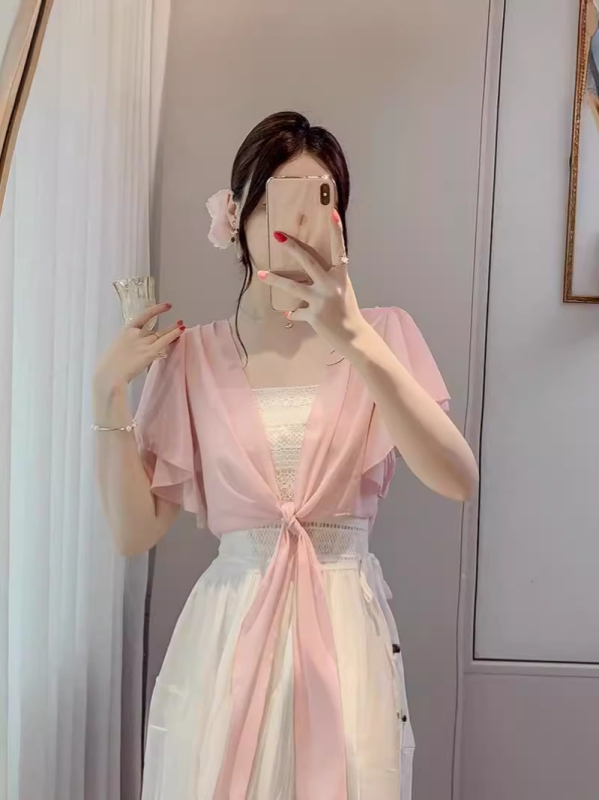 Cardigan din șifon cu mânecă bubble, cu protecție solară, pentru femei, de vară, cu mânecă scurtă, ușor, cardigan, șal mic, cu fustă slip, bluză exterioară scurtă