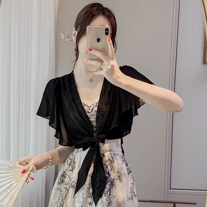 Cardigan din șifon cu mânecă bubble, cu protecție solară, pentru femei, de vară, cu mânecă scurtă, ușor, cardigan, șal mic, cu fustă slip, bluză exterioară scurtă