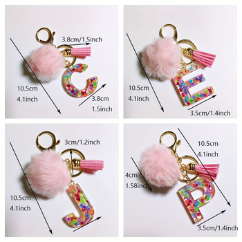 Μπρελόκ με φούντα και γράμμα ρητίνης σε ροζ χρώμα, με φλας από ρητίνη, με γράμματα και πούλιες, χαριτωμένο στυλ