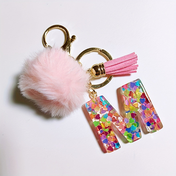 Μπρελόκ με φούντα και γράμμα ρητίνης σε ροζ χρώμα, με φλας από ρητίνη, με γράμματα και πούλιες, χαριτωμένο στυλ