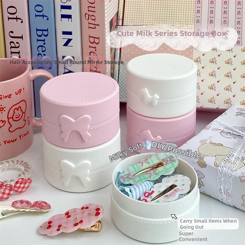 Χαριτωμένο κουτί αποθήκευσης πόνι με φιόγκο γάλακτος, στρογγυλό μονόχρωμο με αυτοκόλλητο καπάκι, φουρκέτα, φορητό κουτί ανθεκτικό στη σκόνη