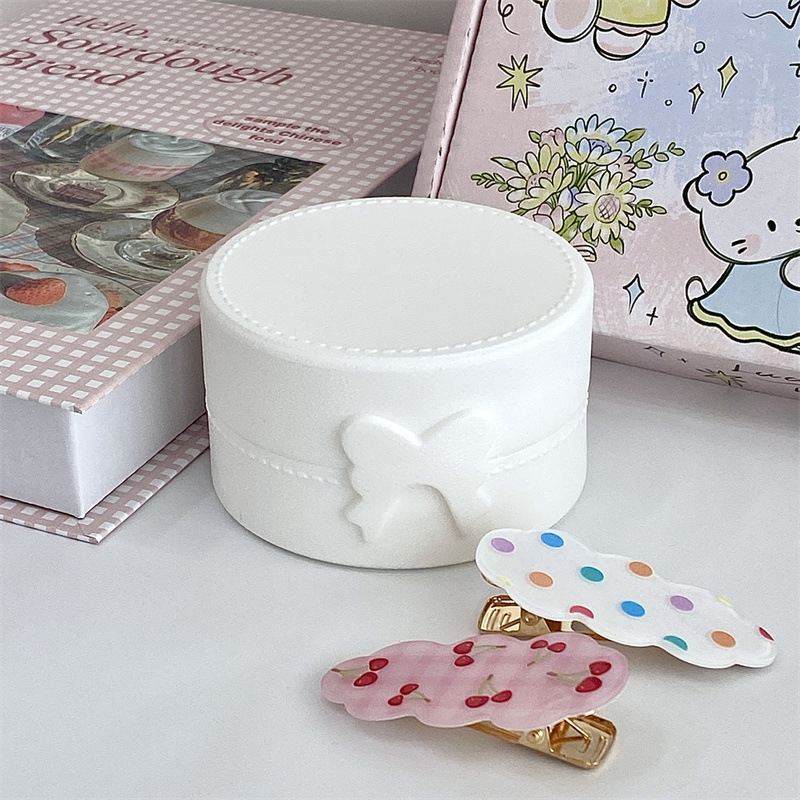 Χαριτωμένο κουτί αποθήκευσης πόνι με φιόγκο γάλακτος, στρογγυλό μονόχρωμο με αυτοκόλλητο καπάκι, φουρκέτα, φορητό κουτί ανθεκτικό στη σκόνη