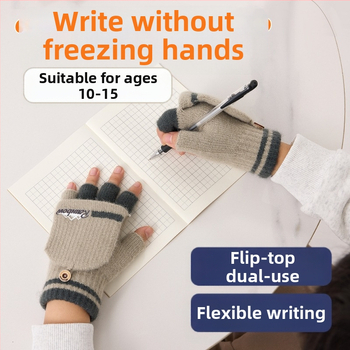 10–15 metų berniukų žieminės puspirštės atverčiamos pirštinės mokiniams, rašančios korėjietiško stiliaus megztos šalčiui atsparios vilnos siūlų vaikiškos šiltos pirštinės