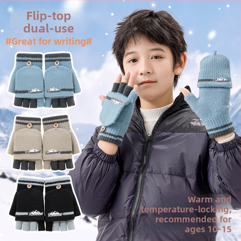 10–15 metų berniukų žieminės puspirštės atverčiamos pirštinės mokiniams, rašančios korėjietiško stiliaus megztos šalčiui atsparios vilnos siūlų vaikiškos šiltos pirštinės