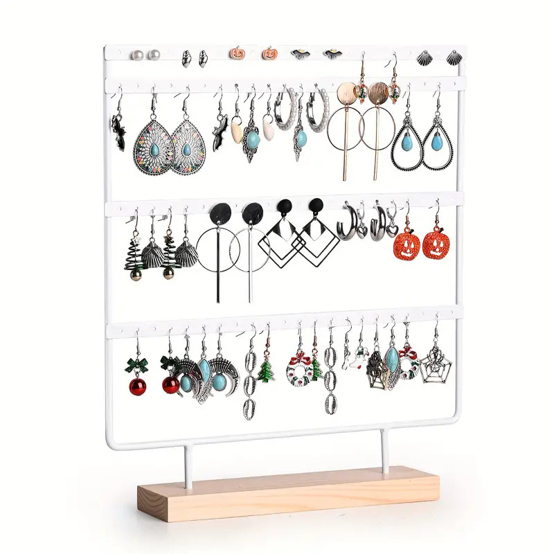 Keturių sluoksnių medinis pagrindas, auskarų demonstravimo stovas, nuimamas papuošalų laikymo stovas, geležiniai pakabinami auskarai, auskarų smeigtukų stovas