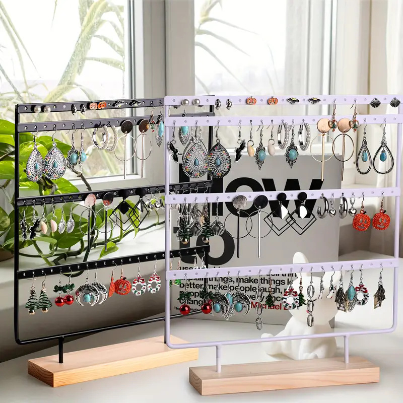 Keturių sluoksnių medinis pagrindas, auskarų demonstravimo stovas, nuimamas papuošalų laikymo stovas, geležiniai pakabinami auskarai, auskarų smeigtukų stovas