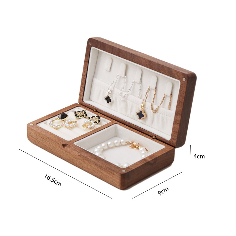 Cutie de bijuterii portabilă cu rabat din lemn de nuc negru, cutie de depozitare din lemn, cutie de organizare din lemn masiv pentru birou, colier, cercei, brățări