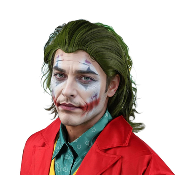 Филмова перука Joker Flack Green със средна дължина, къдрава, косплей перука, шапка за Хелоуин