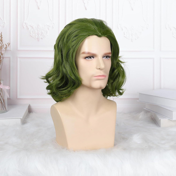 Филмова перука Joker Flack Green със средна дължина, къдрава, косплей перука, шапка за Хелоуин