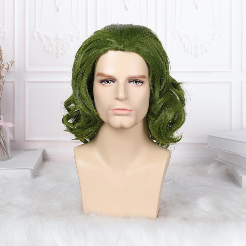 Филмова перука Joker Flack Green със средна дължина, къдрава, косплей перука, шапка за Хелоуин