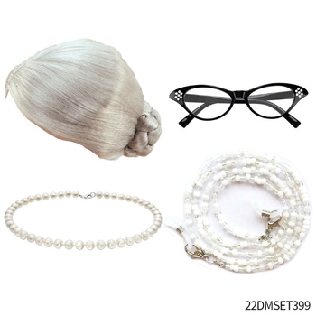 Τη δεκαετία του 1980, περούκα γιαγιά cosplay, τετράγωνο κασκόλ, κολιέ με μάτι, σκίτσο κοστουμιού, σκηνική παράσταση