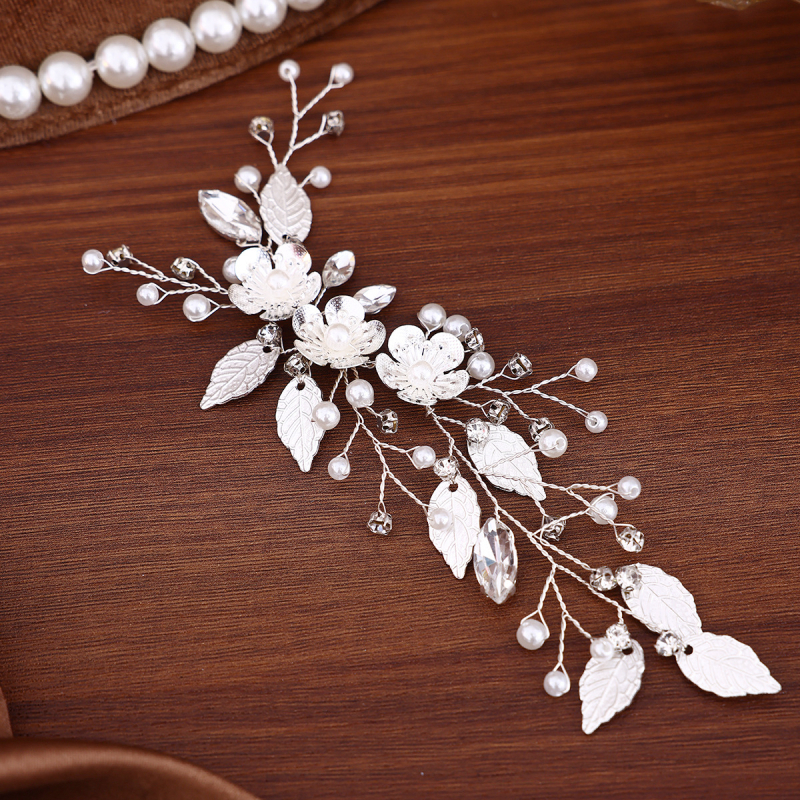 Piiriülene pruudi hõbedane lehe pärlitega käsitsi valmistatud juuksepaelte peakatted Euroopa ja Ameerika pulmapressist lühikeste peapaelte stiilis juukseaksessuaarid