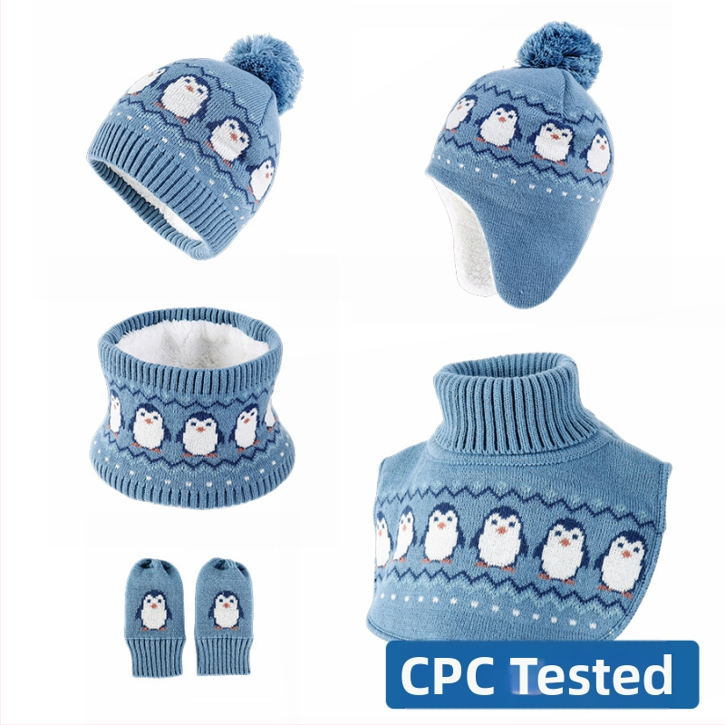 2024 m. rudens ir žiemos vaikiškas unisex pingvino formos megztinis, kepurė su ausų atvartais, kaklo šildytuvas, apykaklė ir pirštinės su žakardo dizainu, universalus