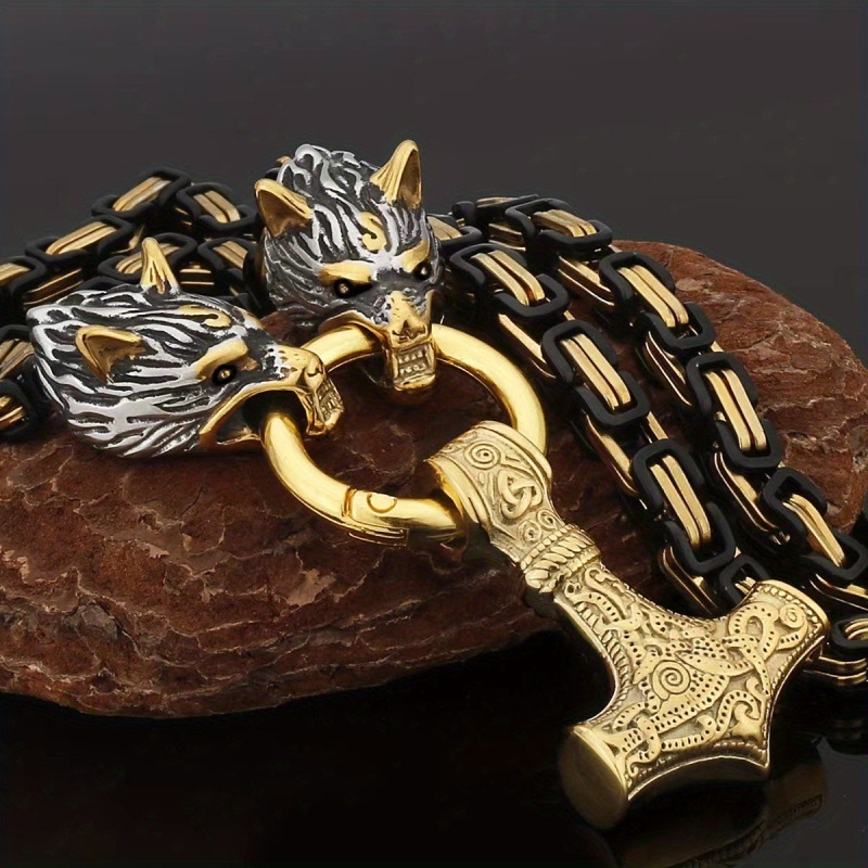 Vyriškas retro stiliaus Norvegijos stiliaus papuošalų amuletas su tarpvalstybiniais sprogimais, skirtas didmeninei prekybai, vikingų plaktuko pakabukas su vilko galvos karoliais