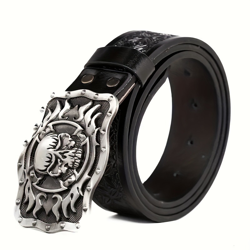 Vesterno džinsinio cinko lydinio diržas su didele plokštele sagtimi, vintažinis reljefinis pankroko stiliaus unisex PU odos diržas