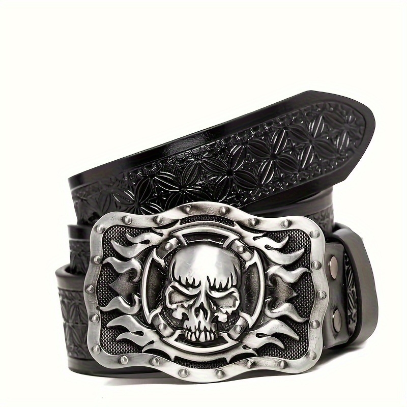 Vesterno džinsinio cinko lydinio diržas su didele plokštele sagtimi, vintažinis reljefinis pankroko stiliaus unisex PU odos diržas