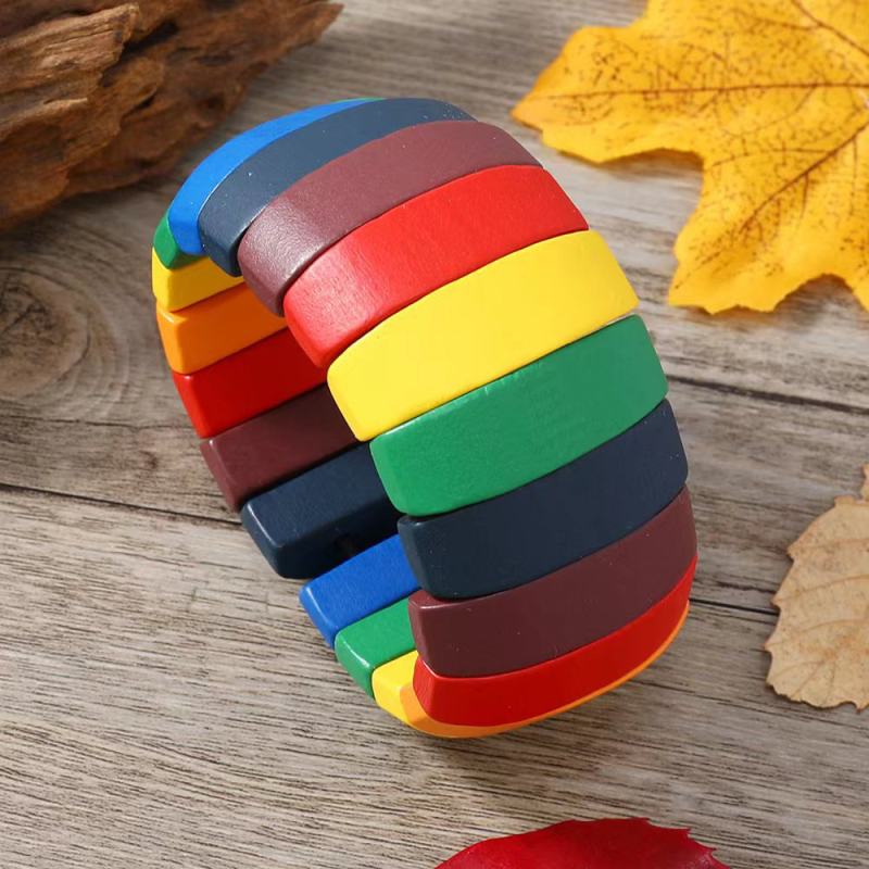 Euroopa ja Ameerika retro etnilise stiili käsitsi kootud veniv käevõru naistele, geomeetriline boheemlaslik puidust helmestega käevõru