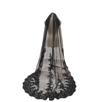 [Жасмин] Дълъг воал от черна дантела, 2 м, гребен за коса, булчински костюм, аксесоари