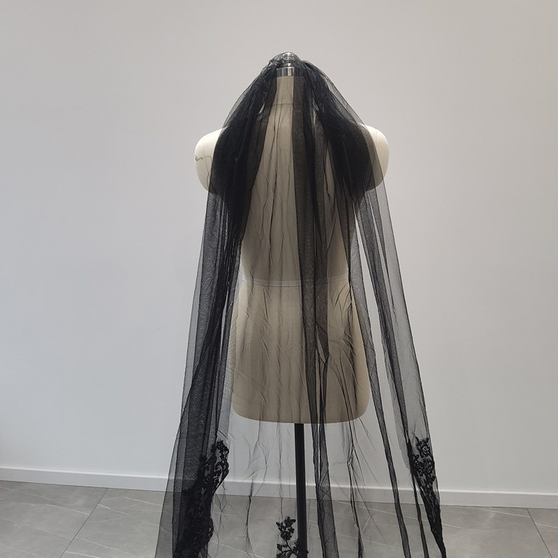 [Жасмин] Дълъг воал от черна дантела, 2 м, гребен за коса, булчински костюм, аксесоари