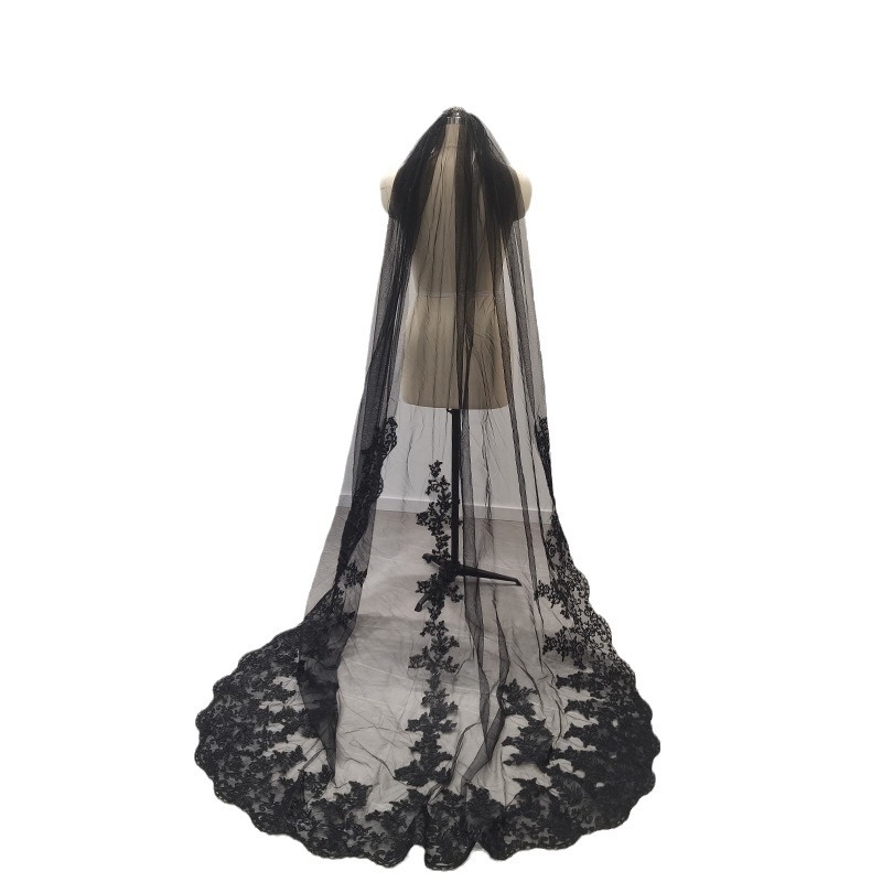 [Жасмин] Дълъг воал от черна дантела, 2 м, гребен за коса, булчински костюм, аксесоари