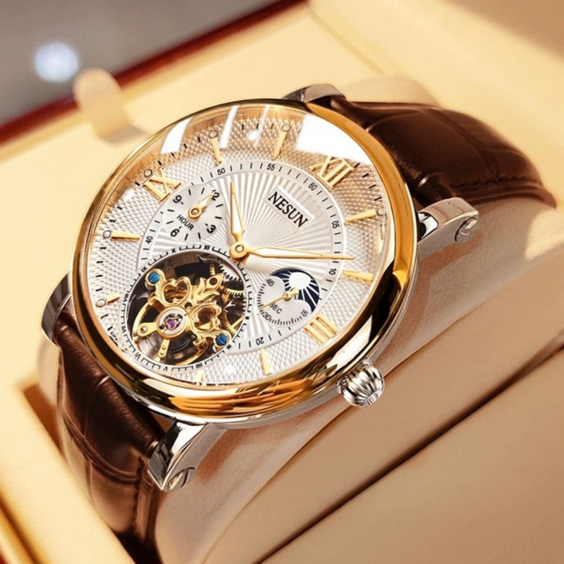 NESUN NISHAN automaatne mehaaniline käekell, helendav mood veekindel õõnes hoorattaga vöö meeste käekell 9091