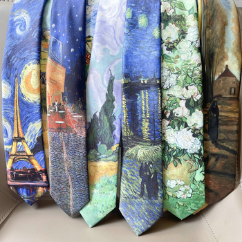 Cravată en-gros din imitație de mătase imprimată, în stoc din fabrică, cravată din seria picturii în ulei Van Gogh, cravată antică americană retro casual