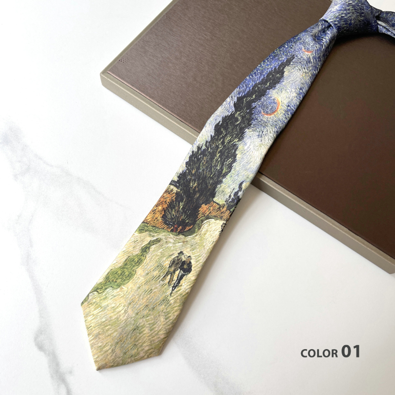 Cravată en-gros din imitație de mătase imprimată, în stoc din fabrică, cravată din seria picturii în ulei Van Gogh, cravată antică americană retro casual