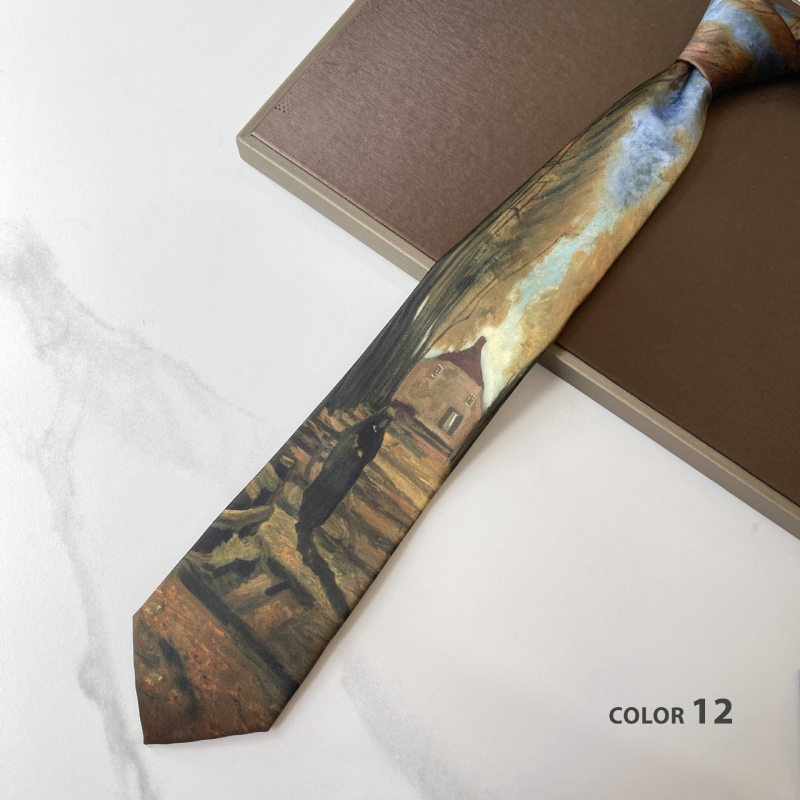 Cravată en-gros din imitație de mătase imprimată, în stoc din fabrică, cravată din seria picturii în ulei Van Gogh, cravată antică americană retro casual