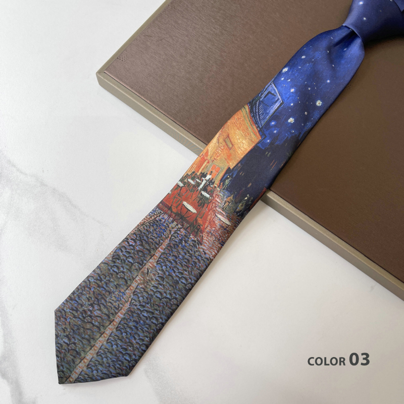 Cravată en-gros din imitație de mătase imprimată, în stoc din fabrică, cravată din seria picturii în ulei Van Gogh, cravată antică americană retro casual