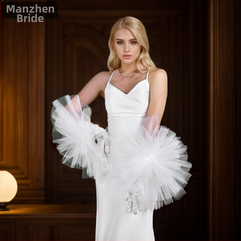 „Manzhen“ nuotakos vestuvinė suknelė, baltos pirštinės, vestuvinio stiliaus, ranką dengiančios, pailgintos alkūnės, atlasinės pirštinės MM10