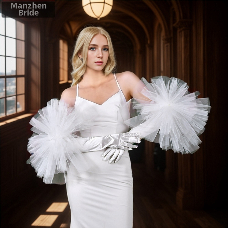 Сватбена рокля Manzhen с бели ръкавици, булчински стил, покриващи ръцете, удължени сатенени ръкавици с лакът MM10