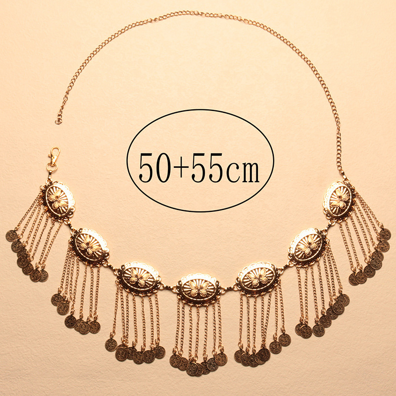 Madingos naujos bohemiškos monetų kutais puoštos juosmens grandinėlės retro etninio stiliaus lydinio taško deimanto pilvo šokio juosmens aksesuarai, didmeninė prekyba