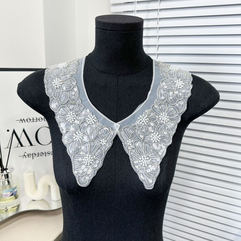 Tiesioginė gamyklinė juoda sunkiosios pramonės cirkonio siuvinėjimo padirbta apykaklė moteriška siuvinėjimo karoliukai karoliukų apykaklė gėlė dekoratyviniai drabužių apykaklės aksesuarai