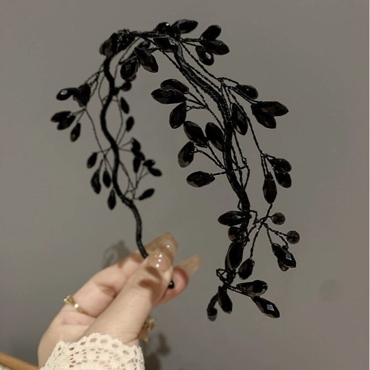 Pietų Korėjos rankų darbo juodo krištolo šakelės galvos juosta moterims, madinga elegantiška Mori stiliaus super fėjos elegantiška galvos juosta, aukštos kokybės „Sense“ plaukų segtukai