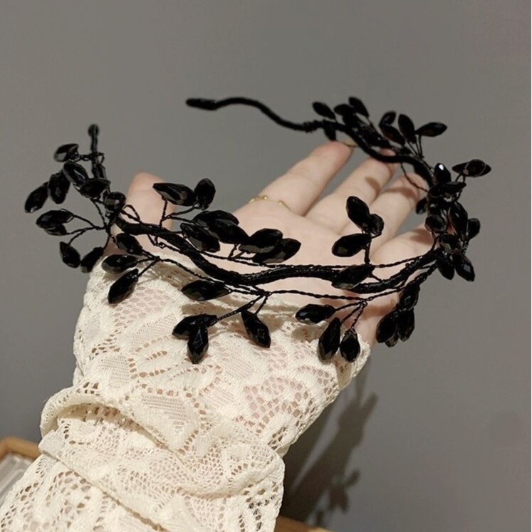 Pietų Korėjos rankų darbo juodo krištolo šakelės galvos juosta moterims, madinga elegantiška Mori stiliaus super fėjos elegantiška galvos juosta, aukštos kokybės „Sense“ plaukų segtukai
