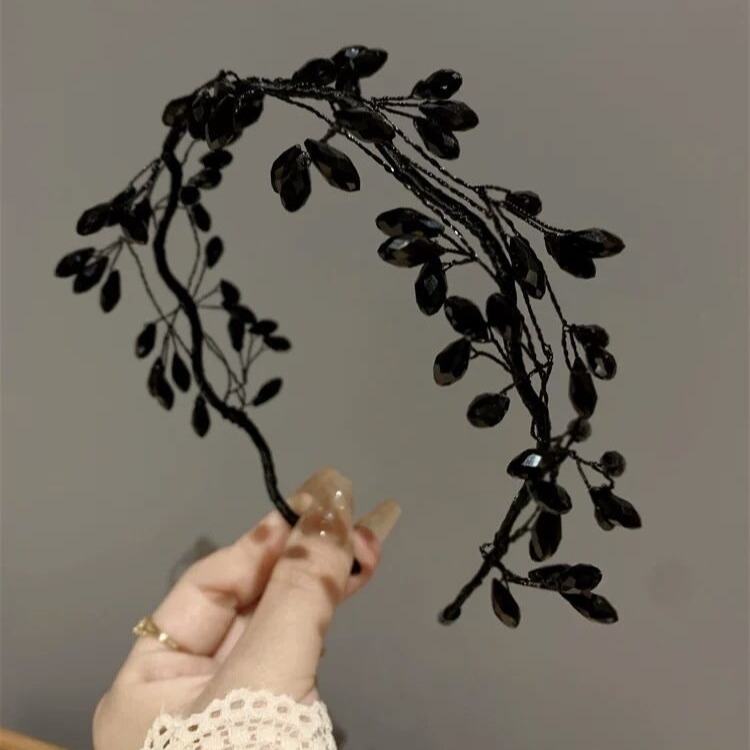 Pietų Korėjos rankų darbo juodo krištolo šakelės galvos juosta moterims, madinga elegantiška Mori stiliaus super fėjos elegantiška galvos juosta, aukštos kokybės „Sense“ plaukų segtukai