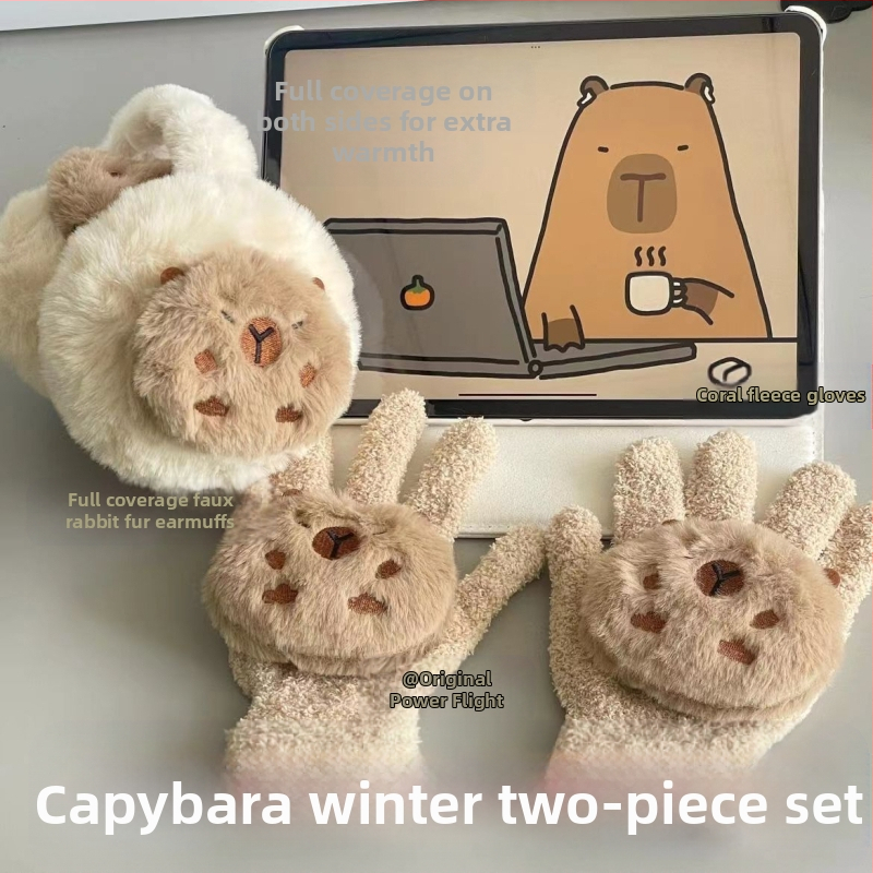 Zimné rukavice Capabala capybara, chrániče sluchu, teplé dvojdielne, roztomilé dámske nemrznúce plyšové chrániče sluchu odolné voči chladu