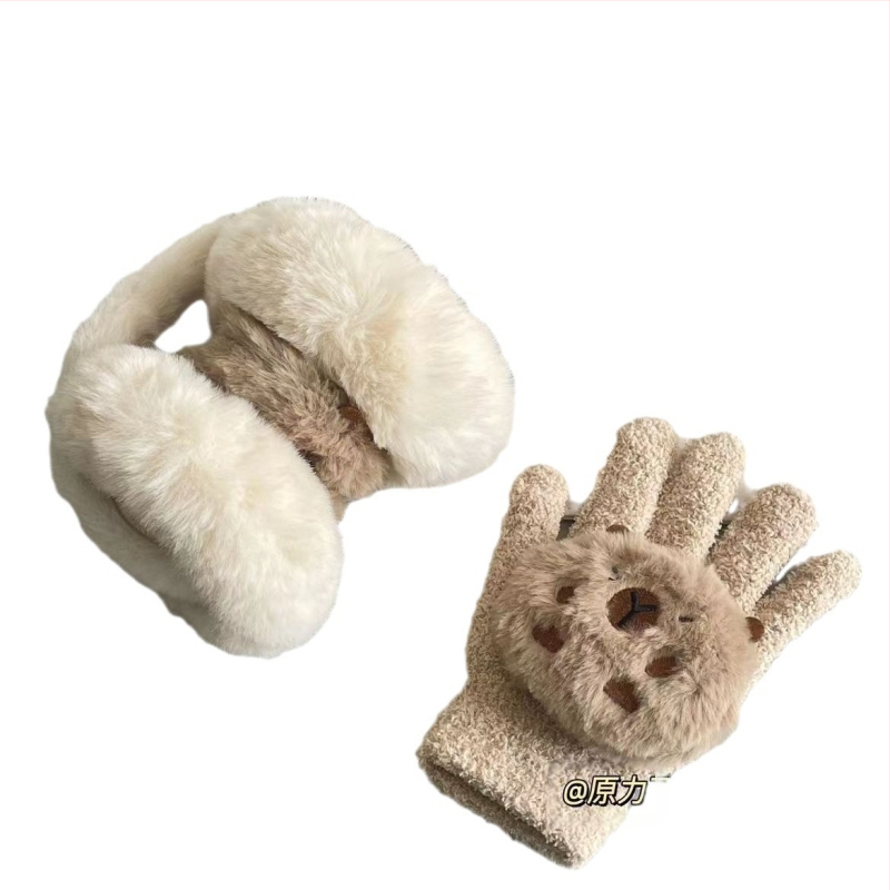 Zimné rukavice Capabala capybara, chrániče sluchu, teplé dvojdielne, roztomilé dámske nemrznúce plyšové chrániče sluchu odolné voči chladu