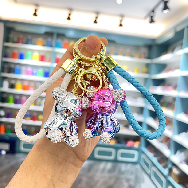 Kūrybingas naujas galvanizuotas sėdinčio zuikio ir meškiuko raktų pakabukas su cirkoniais, išskirtinis pakabukas automobiliui, maža lėlės dovanėlė