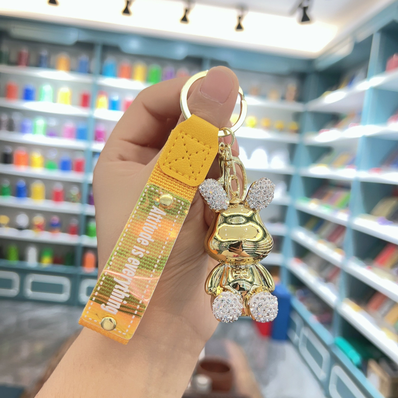 Kūrybingas naujas galvanizuotas sėdinčio zuikio ir meškiuko raktų pakabukas su cirkoniais, išskirtinis pakabukas automobiliui, maža lėlės dovanėlė