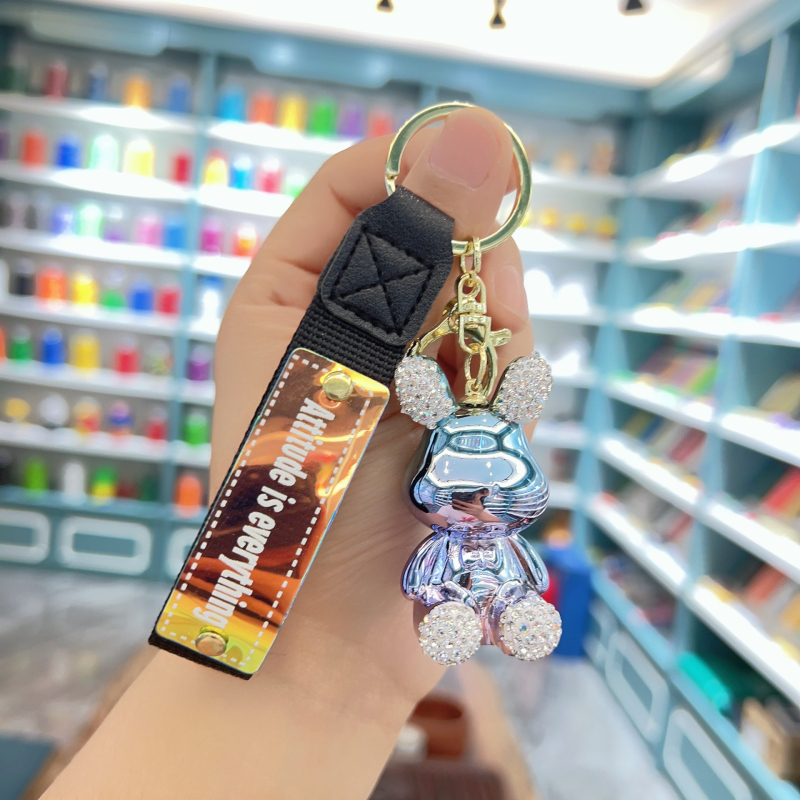 Kūrybingas naujas galvanizuotas sėdinčio zuikio ir meškiuko raktų pakabukas su cirkoniais, išskirtinis pakabukas automobiliui, maža lėlės dovanėlė