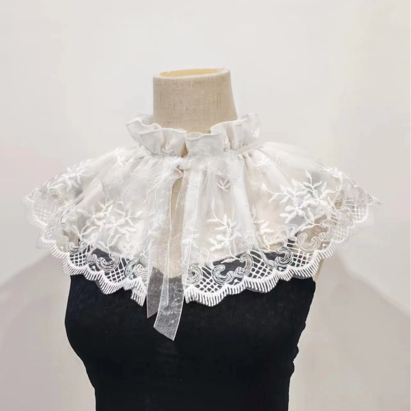 Meniška retro stiliaus dvisluoksnė medvilninė siuvinėta nėrinių apykaklė, universali lėlės apykaklė, lolita stiliaus suvarstoma netikra nėrinių apykaklė, universalus stilius.