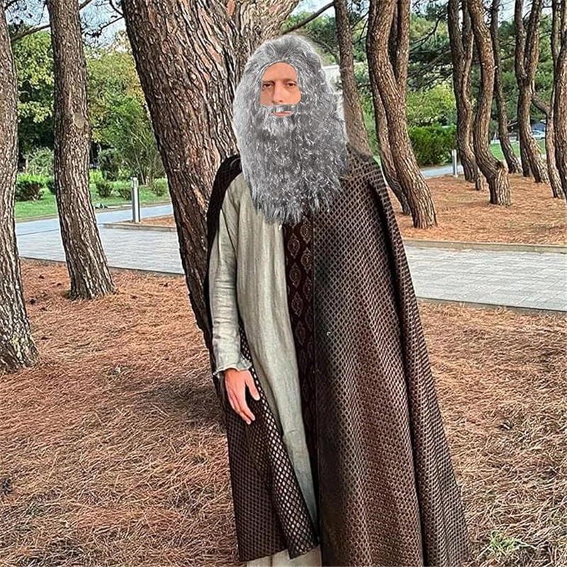 Брада и перука на сивия магьосник, аксесоари за костюм на магьосник, забавен Хелоуин, аксесоари за костюм за възрастни за Деня на бащата